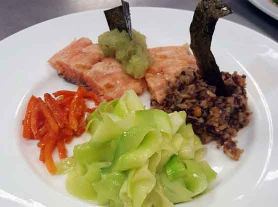 oven baked salmon wild rice and honey glazed carrots with zucchini ribbons